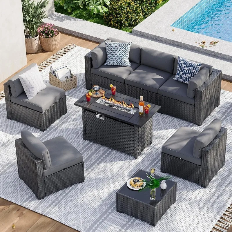 Outdoor Furniture Fire Table - Aoxun 8 Parçalı Bahçe Mobilya Seti,