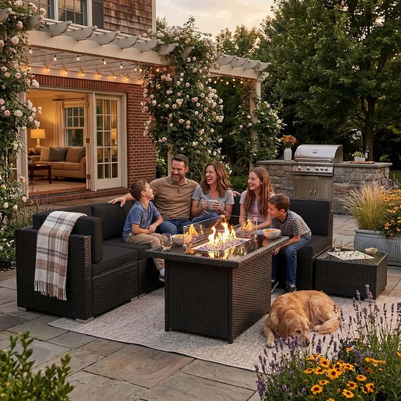 Outdoor Furniture Fire Table - 8 Parçalı Veranda Hasır Köşe Koltuk