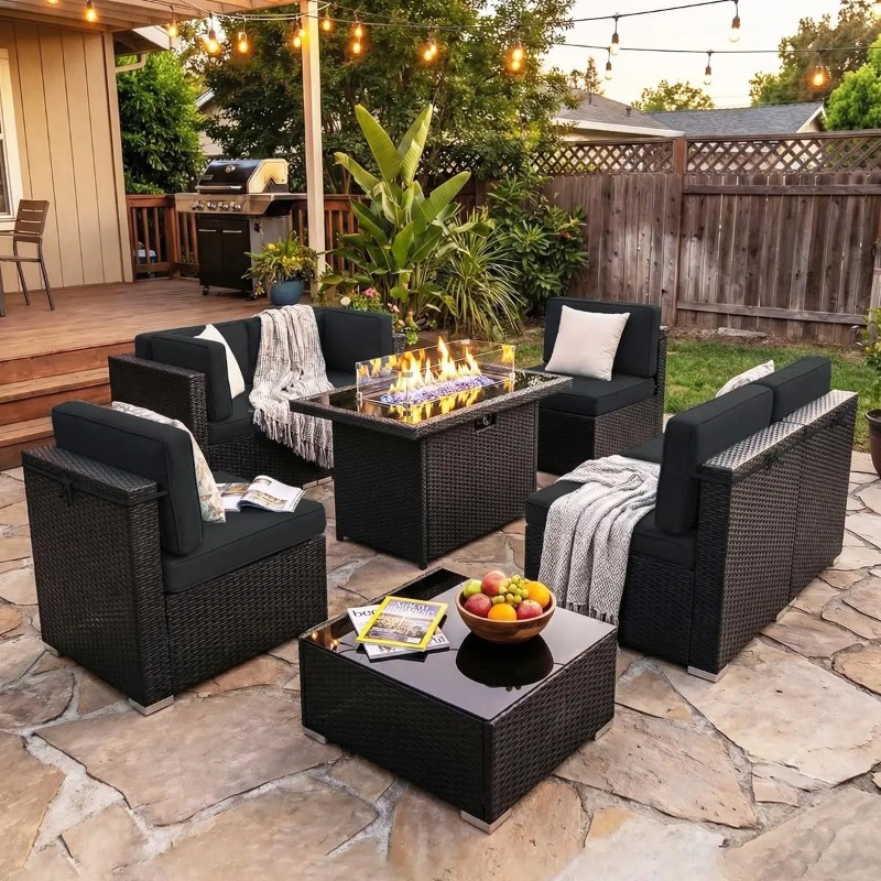 8 Parçalı Veranda Hasır Köşe K - Outdoor Furniture Fire Table incelemesi ve fiyatı